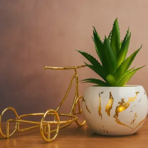 Golden Cycle-Shaped Planter Stand with White Ceramic Pot & Artificial Succulent | Stylish Tabletop Plant Decor for Home, Office, and Gifting | Miniature Bike Planter Showpiece