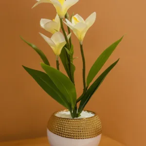 Elegant Artificial Cream Yellow Orchid Lily Flower Plant in Round White Pot with Golden Rim – Faux Floral Arrangement with Pebbles for Home, Office, Tabletop & Gifting