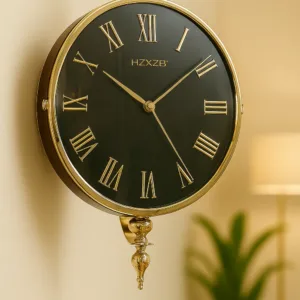 Vintage Gold-Rimmed Wall Clock with Black Dial – Antique Hanging Watch Style Decorative Clock for Living Room, Hall, or Office – Elegant Home Décor Timepiece