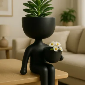 HOME DECOR Modern Black Human Figurine Dual Planter Pot – Quirky Sitting Man Resin Planter with Head & Hand Pots for Succulent & Flower Display – Home Decor Accent for Living Room, Office, or Gifting (Matte Black Finish)